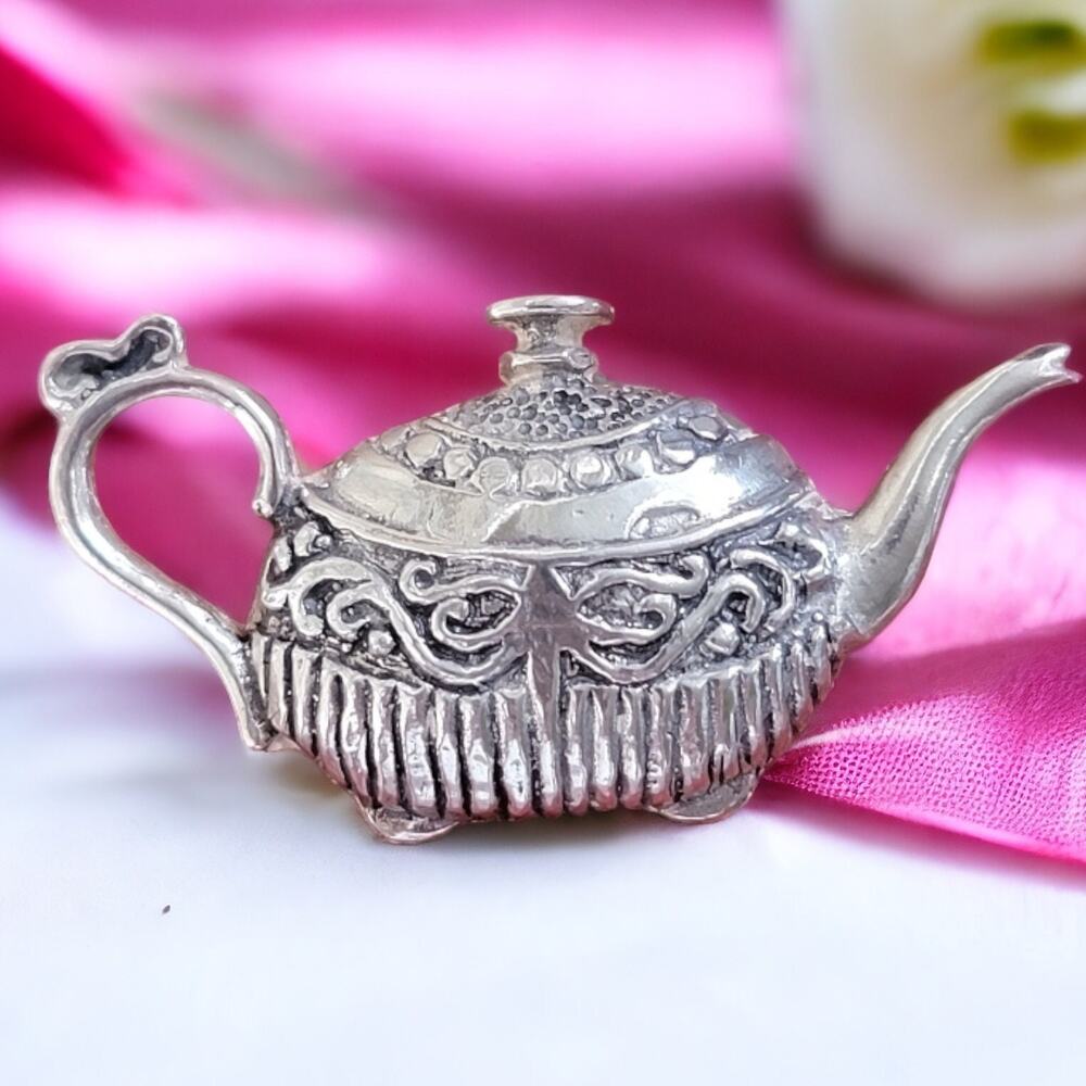 Sterling Silver Teapot Brooch Pin 925 Tea Lover Novelty Jewelry Vintage Style